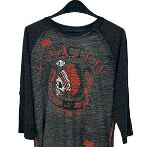 Affliction Men's Large Motor Club Skull Baseball Tee 3/4 Sleeve Distressed Grey‎